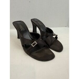 Vintage Y2K Mossimo Black Satin Rhinestone Buckle Strappy Heels Sandals 7.5